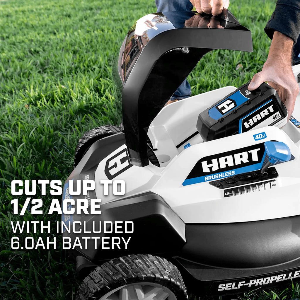 HART 40-Volt 20-inch Self-Propelled Battery-Powered Brushless Mower Kit, (1) 6.0Ah Lithium-Ion Battery