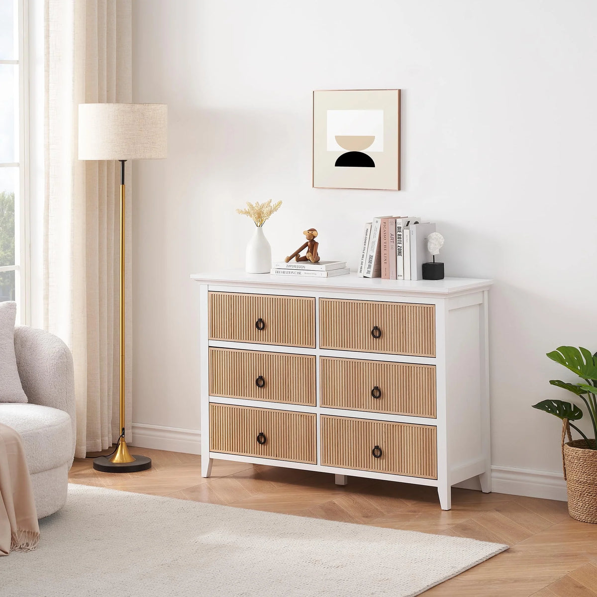 Homhougo White Dresser for Bedroom 6 Drawer, Wood Organizer Storage Cabinet with Gray Strip Drawer Door, Chest of Drawers for Closet, Living Room, Hallway, Nursery, Kids Bedroom