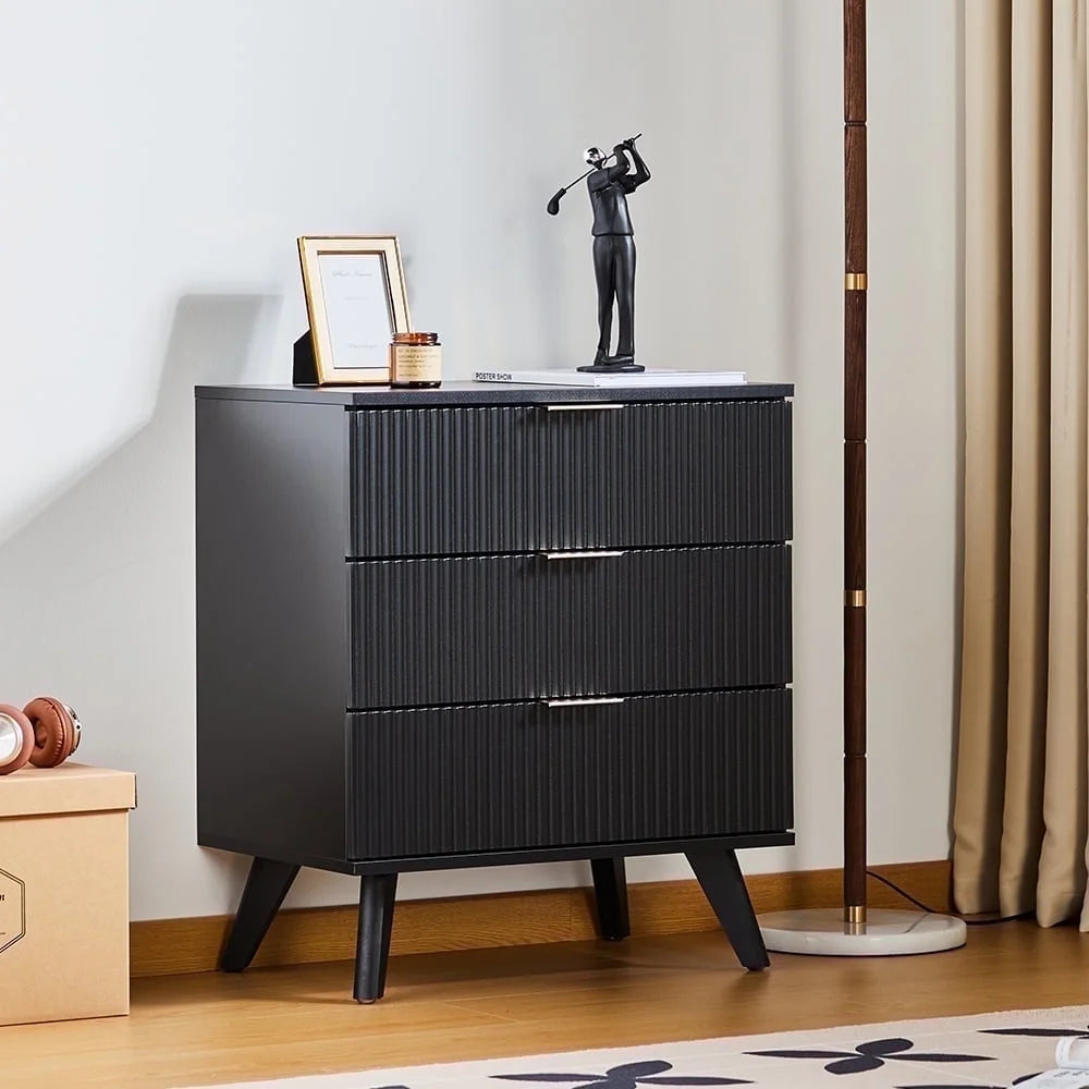 YOCWO Fluted Nightstand for Bedroom Set of 2 , Wood Bedside Table Set of 2 with Drawers, Black