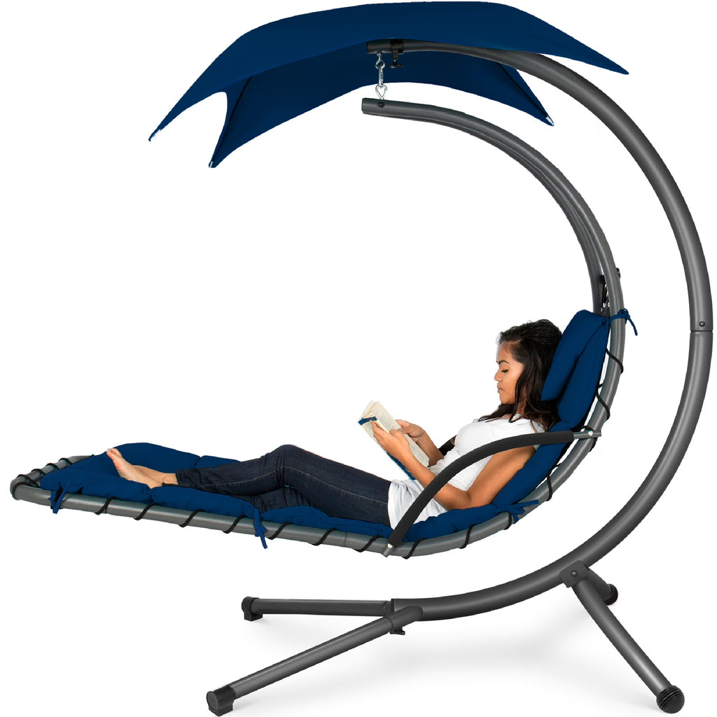 Best Choice Products Hanging Curved Chaise Lounge Chair Swing for Backyard, Patio w/ Pillow, Shade, Stand - Teal