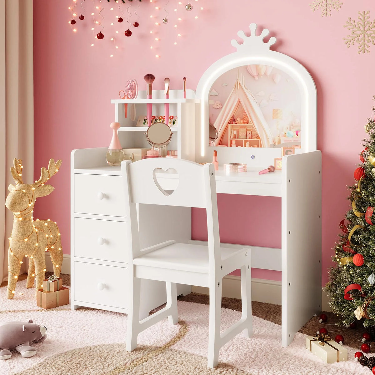 Yeshouse Princess Girls Makeup Vanity Table Set with Storage & Lights