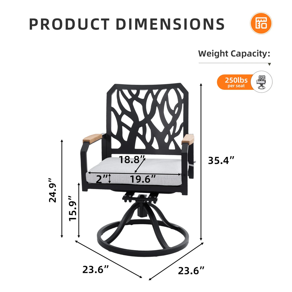 Outdoor Patio K/D Aluminum Stationary Dining Chairs 2PCS with Outdoor-grade Sunbrella Fabric Cushions, Branch-Like Backrest ,FSC-Certified Wood Armrests, Bourbon Brown