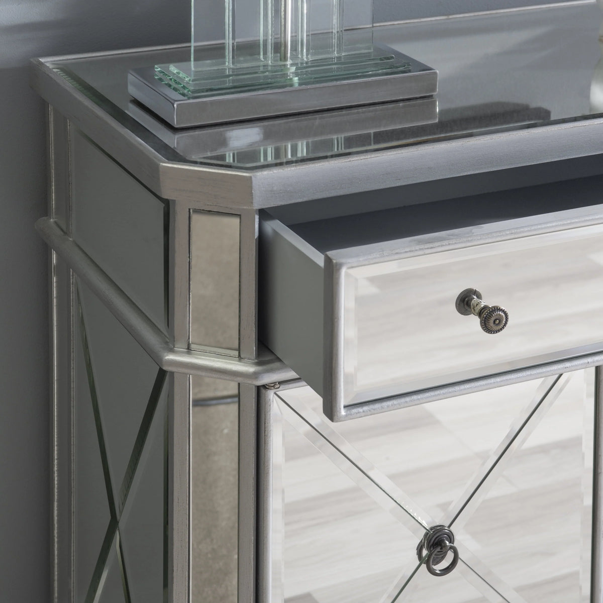 Powell Deville 2-Door Single Drawer Indoor Console Table with Shelves, Mirrored Surfaces and Luxe Silver Wood