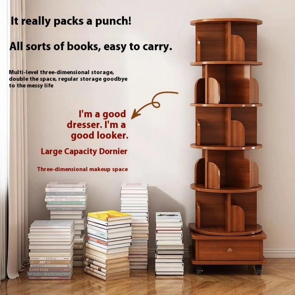 Qiushi 6-Tier Round Rotating Bookshelf with Storage Drawer, 360 Spinning Corner Bookshelf Tower for Small Space, Bookcase Storage Rack with Wheels, Wood Narrow Organizer for Bedroom, Living Room