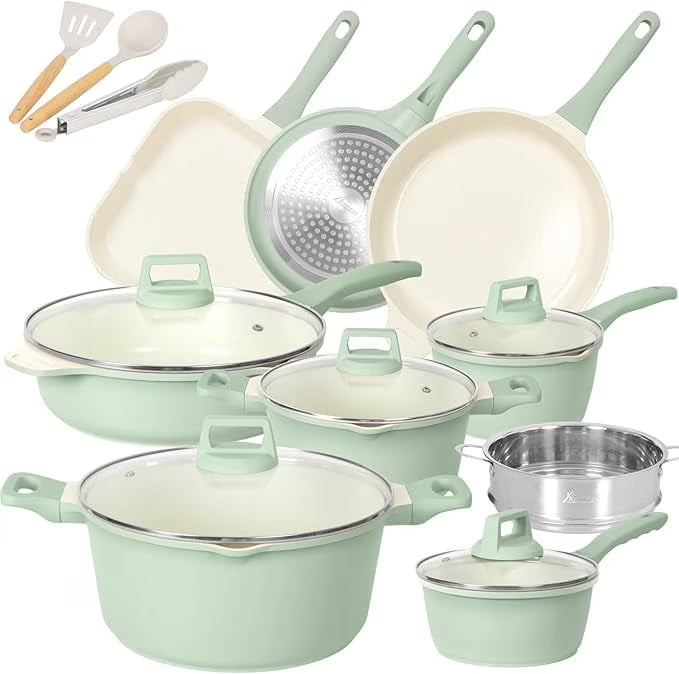 Romswi Nonstick Pots and Pans Set, 23 Piece Induction Cookware Sets Non-stick Ceramic Kitchen Sets with Utensil, Green