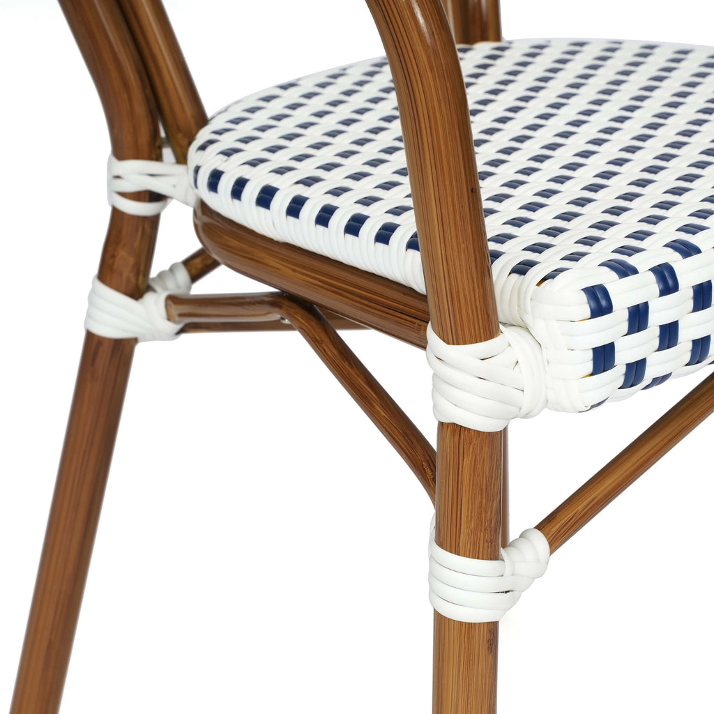 Merrick Lane Stacking Thonet French Bistro Style Chair with Arms, Black & White PE Rattan Seat, and Bamboo Finished Metal Frame for Indoor/Outdoor Use