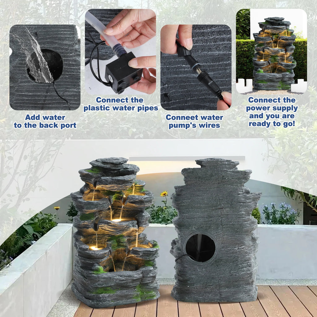 Haverchair 7 Tier Cascading Rock Outdoor Water Fountain, Garden Freestanding Rockery Natural Waterfall Fountains Outdoor with LED Light, Soothing Tranquility Fountains for Home Garden Yard, 24"H