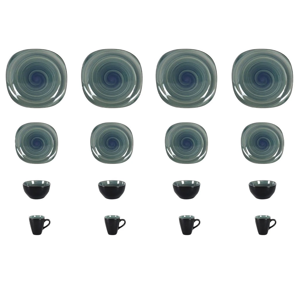 Stoneware Square 16pc Dinnerware Set, Inside Spinwash Swirl Orange + Outside Black