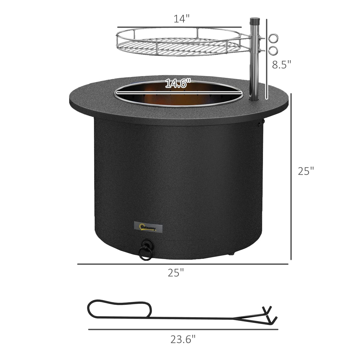 Outsunny 25" Smokeless Fire Pit, 2-in-1 Stainless Steel Firepit with Grill, Portable Wood Burning Fireplace with Poker and Ash Tray, Black