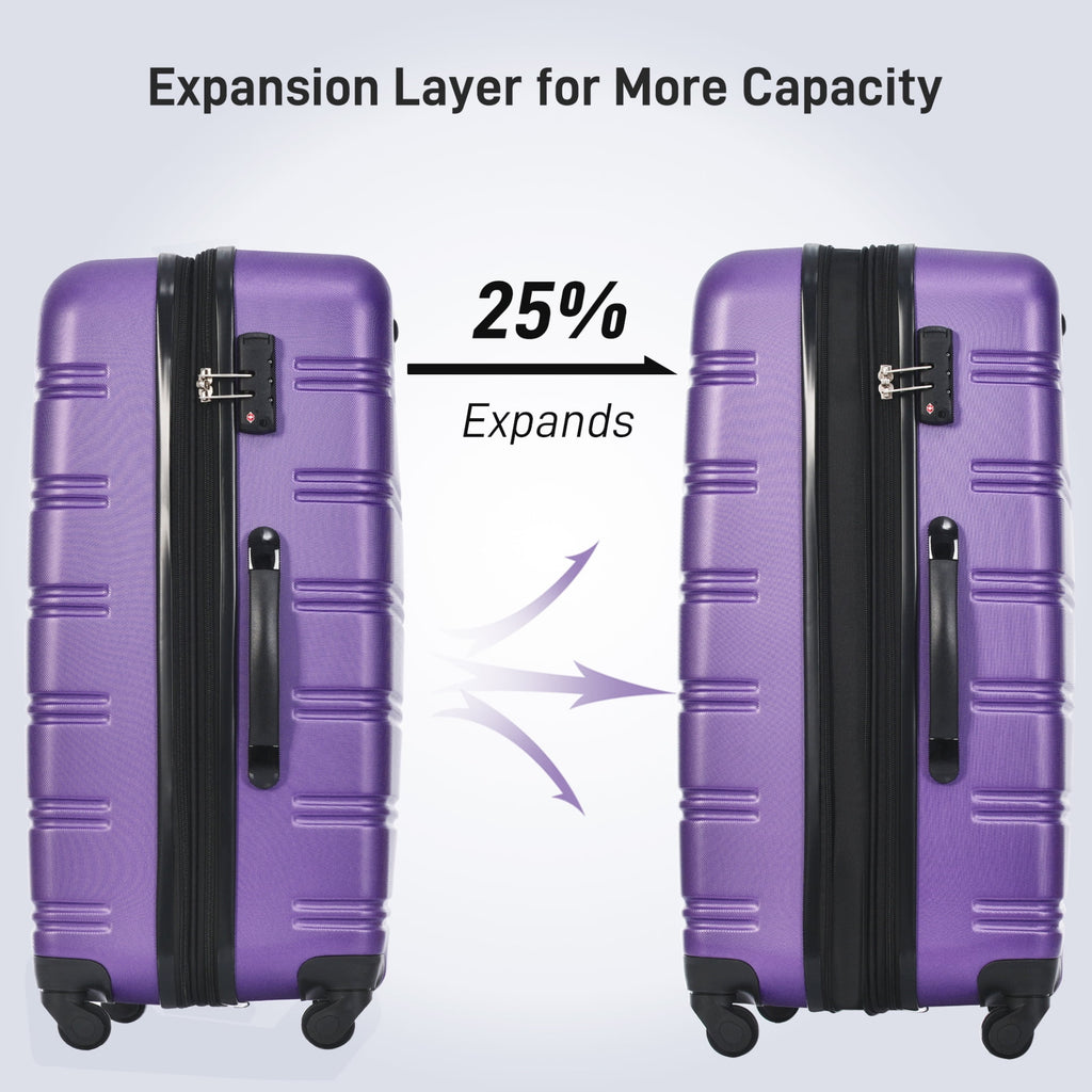 3 Piece ABS Luggage Set, Luggage with Spinner Wheel & TSA  20/24/28 inch, Purple