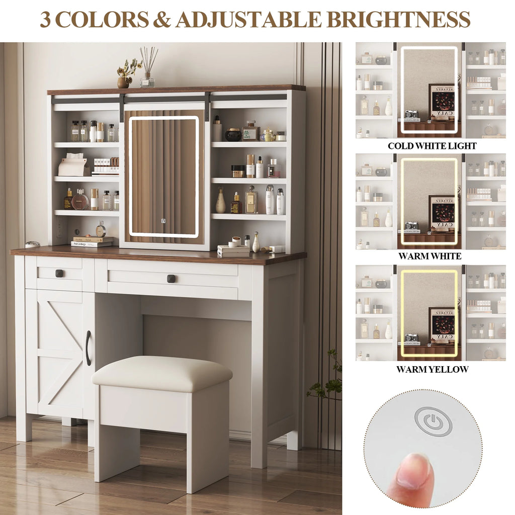 Montary Modern Mini Vanity w/Adjustable LED Mirror + Hidden Storage, Padded Stool & Dustproof Shelves (White)