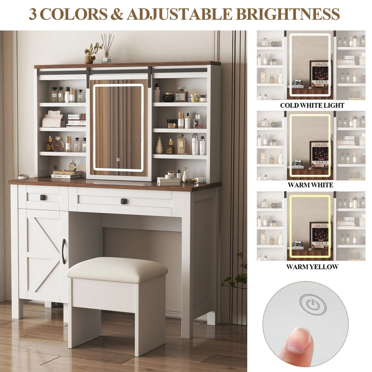 Montary Modern Mini Vanity w/Adjustable LED Mirror + Hidden Storage, Padded Stool & Dustproof Shelves (White)