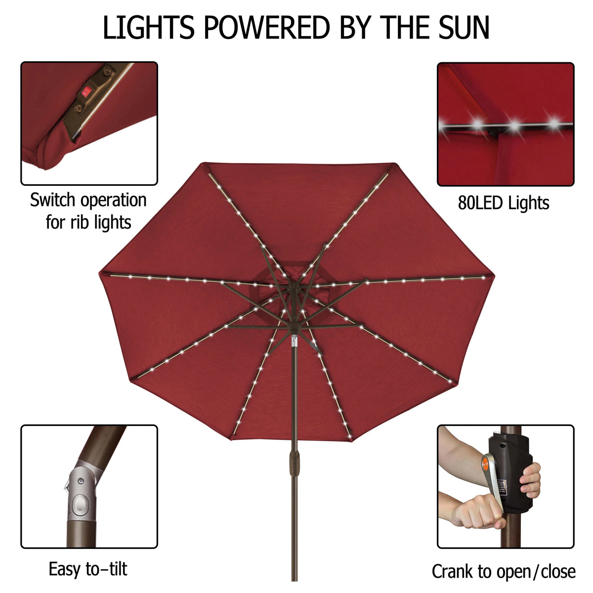 EliteShade Sunbrella Solar Umbrellas 9ft Market Umbrella with 80 LED Lights Patio Umbrellas Outdoor Table Umbrella with Ventilation and 5 Years Non-Fading Top,Ruby