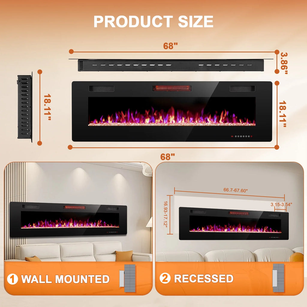 KISSAIR 60�� Indoor Electric Fireplace Ultra Thin Fireplace, Wall Mounted Recessed Fireplace with Multiple Colors