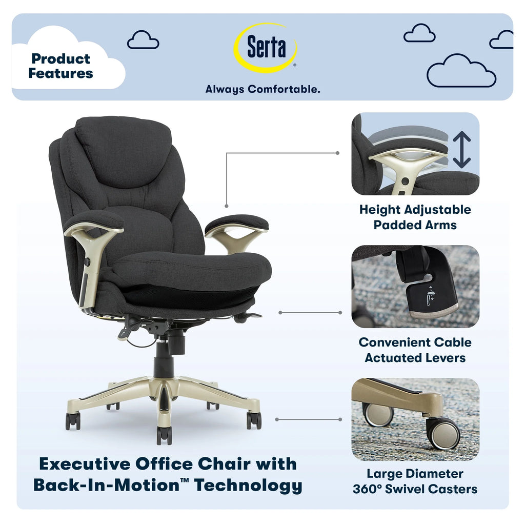 Serta Back in Motion Technology Fabric Executive Office Chair, Light Gray