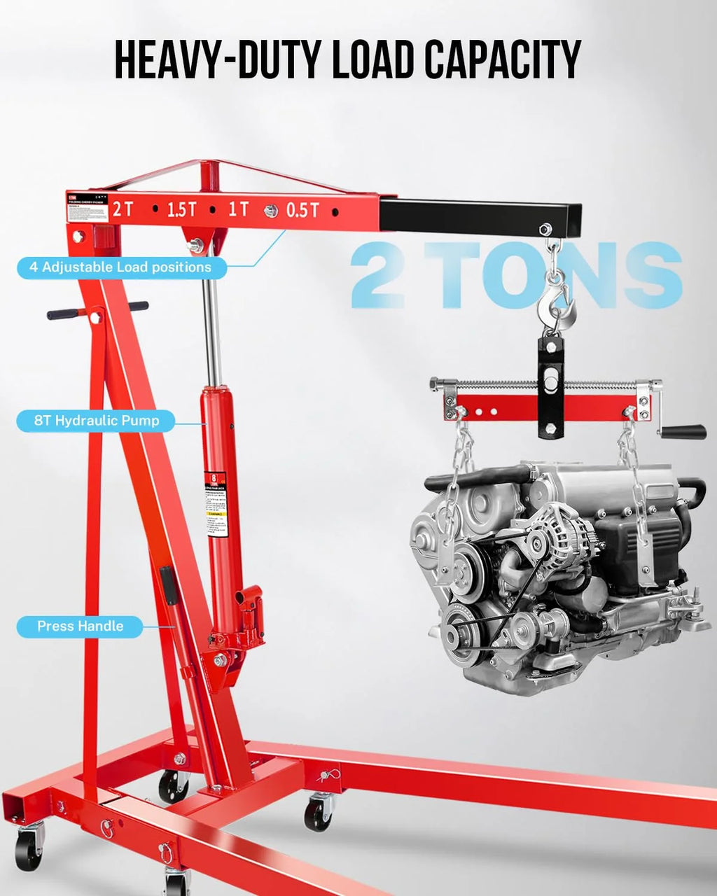 Garvee 2-Ton Shop Crane with Lever, Hydraulic Folding Engine Hoist w/6 Steel Casters - Lift Car Transmissions, Boat Motors, Farm Equipment