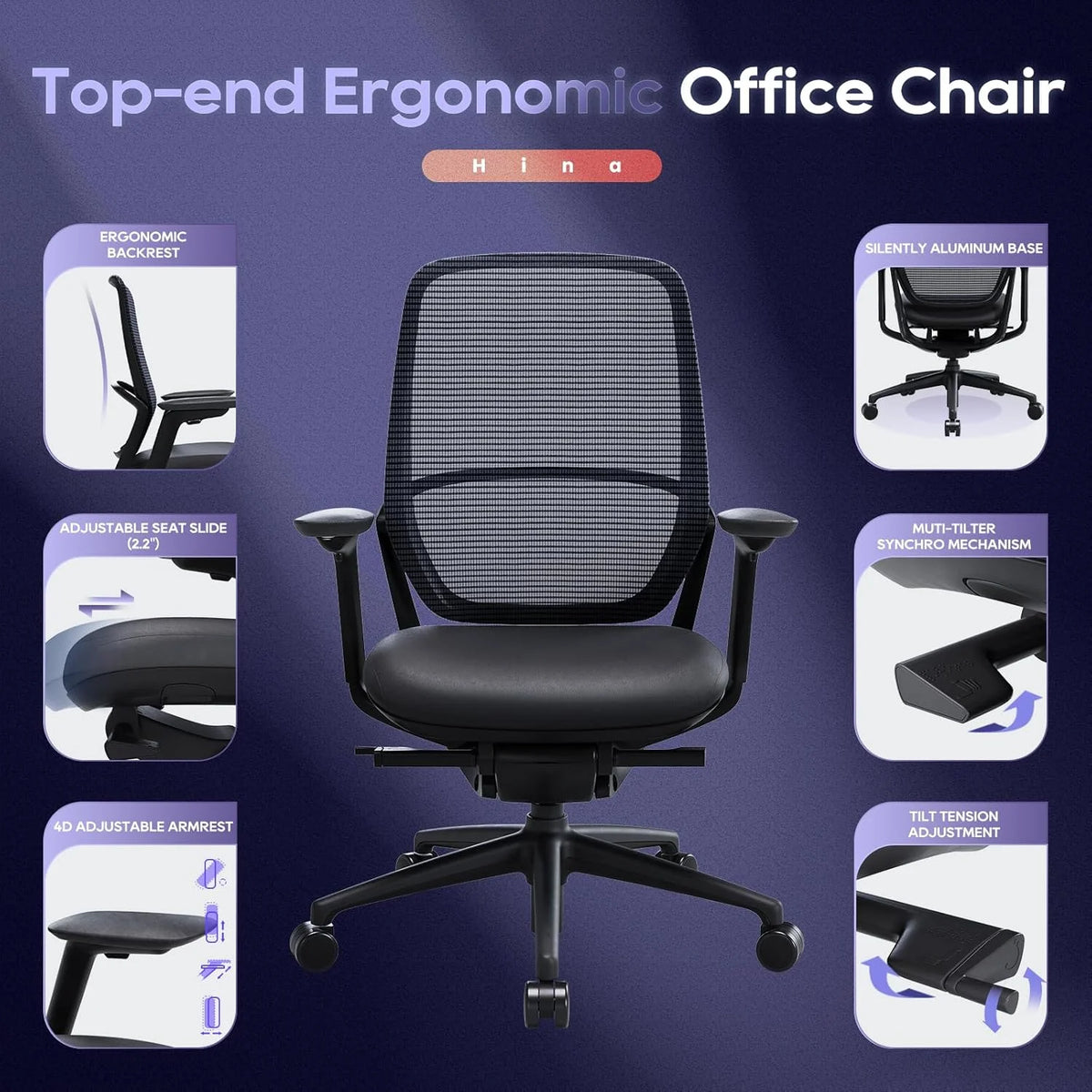 Ergonomic Office Chair, High Back Mesh Desk Chair with Adjustable Lumbar Support, Reclining Backrest, 4D Armrests, Breathable Mesh, Comfortable Computer Chair for Home Office, Work,Study
