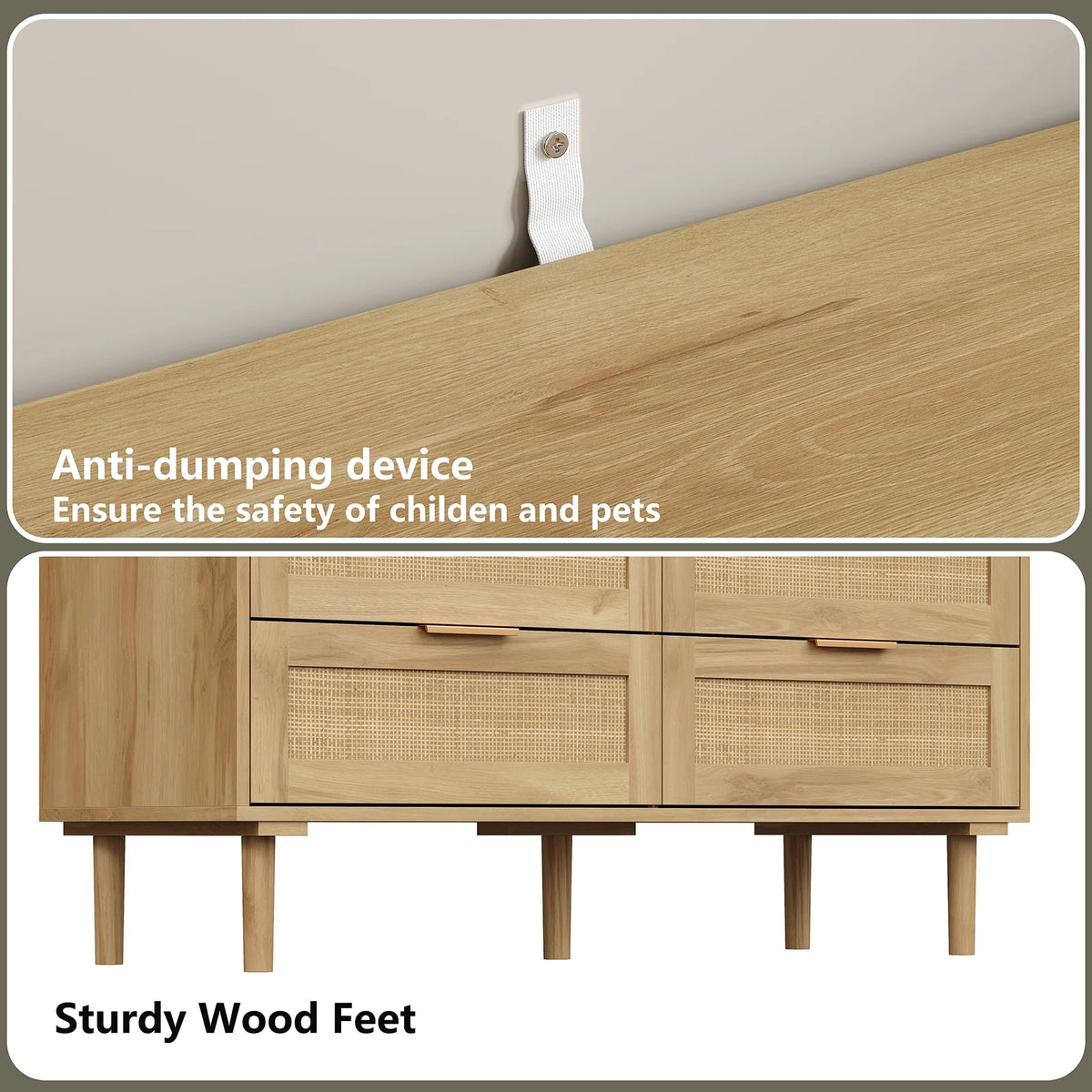 Furnihold 6 Drawer Rattan Dresser for Bedroom, Wooden Dresser Chest of Drawers, Storage Organizer for Closet, Beside Table for Living Room, Entryway