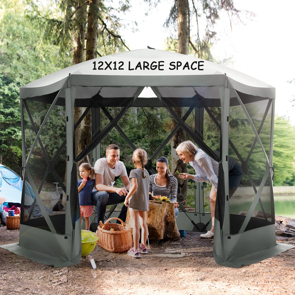 COBIZI 12'x12' Pop-up Gazebo Outdoor Camping Tent with 6 Sides Mosquito Netting, Waterproof, UV Resistant, Portable Screen House Room, Easy Set-up Party Tent with Carry bag, Ground Spike, Brown