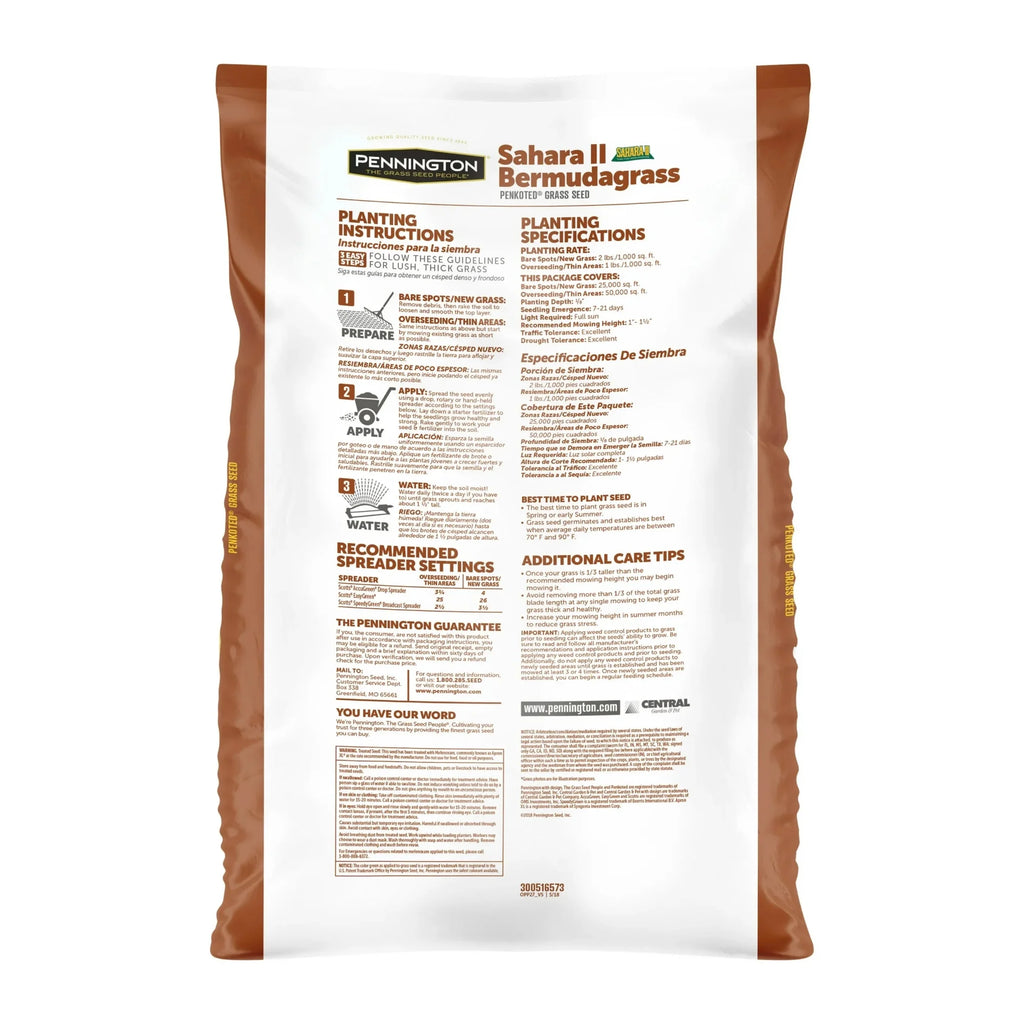Pennington Sahara II Bermudagrass Penkoted Grass Seed 25 lb, Full Sun, Heat Tolerant