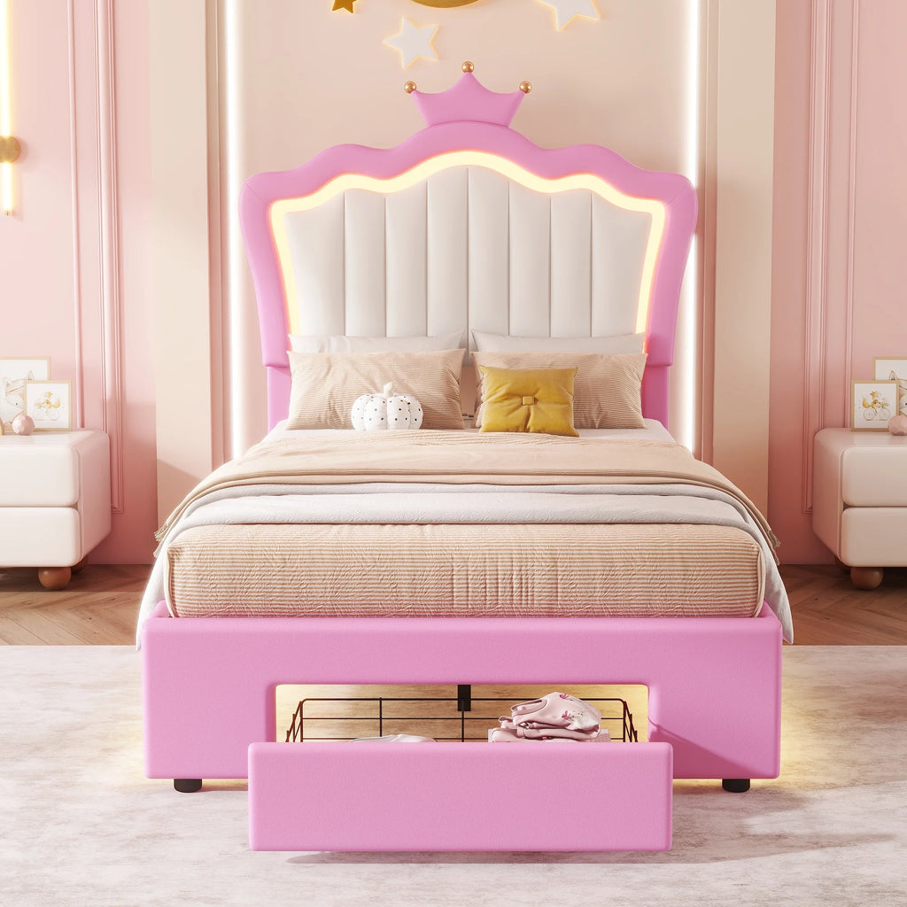 Miniyam Upholstered Twin Size Bed with LED Lights, Crown Headboard for Kids, Pink