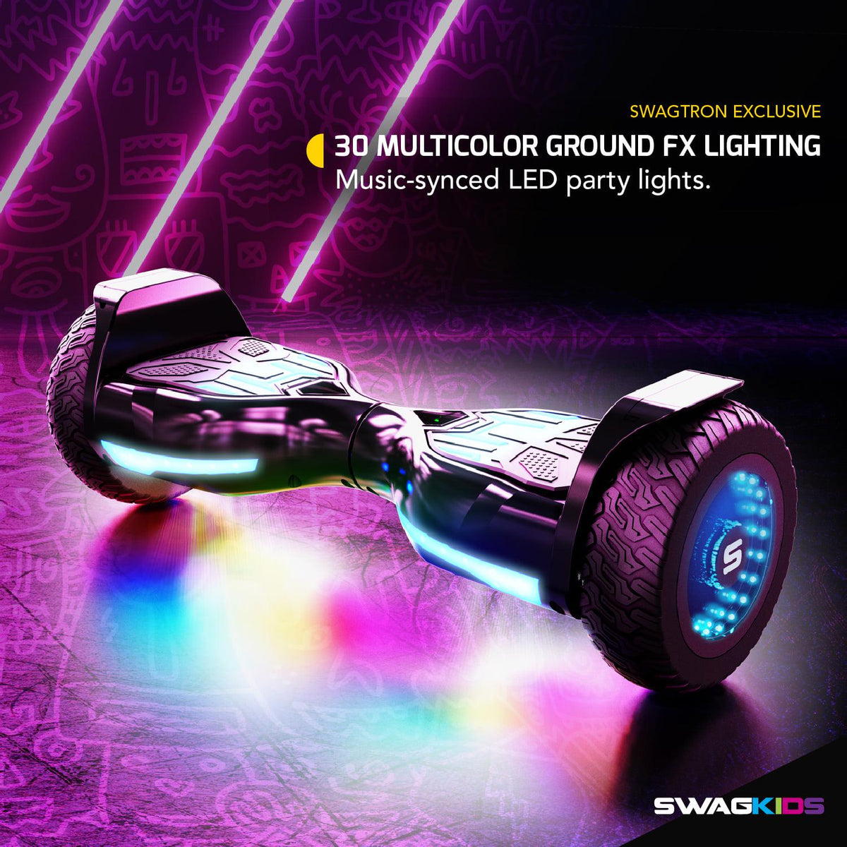 Swagtron Warrior XL Off-Road Hoverboard. 250 lb Weight Limit. Music-Synced Bluetooth LED Lights. 8 Inch Infinity Wheels. 8 Mph. LiFePo Battery UL-Compliant