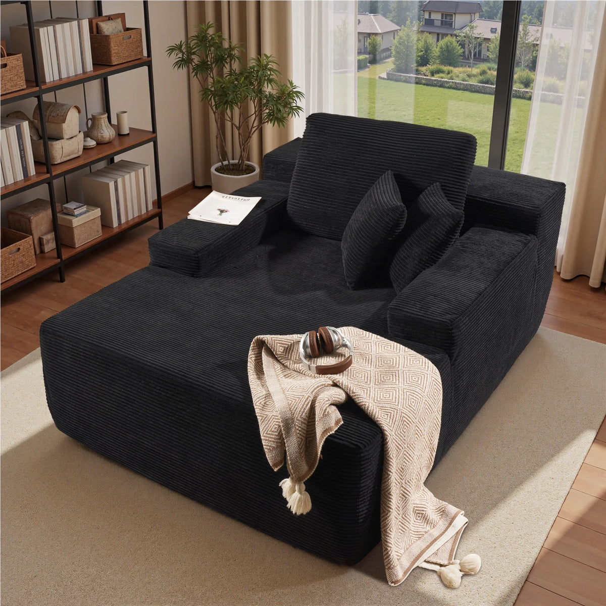 Ovios 67'' Oversized Chaise Lounge Chair Indoor Cloud Plush Corduroy Floor Sofa Bed Deep Seat No Assembly Couch for Living Room, Black