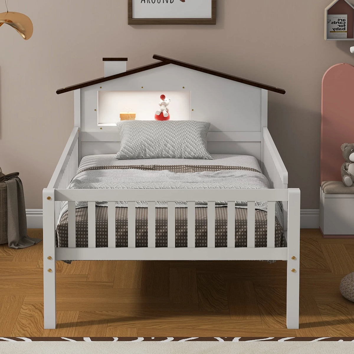 Euroco Wood Twin Size Platform Bed, House Bed with LED Light and Storage, White