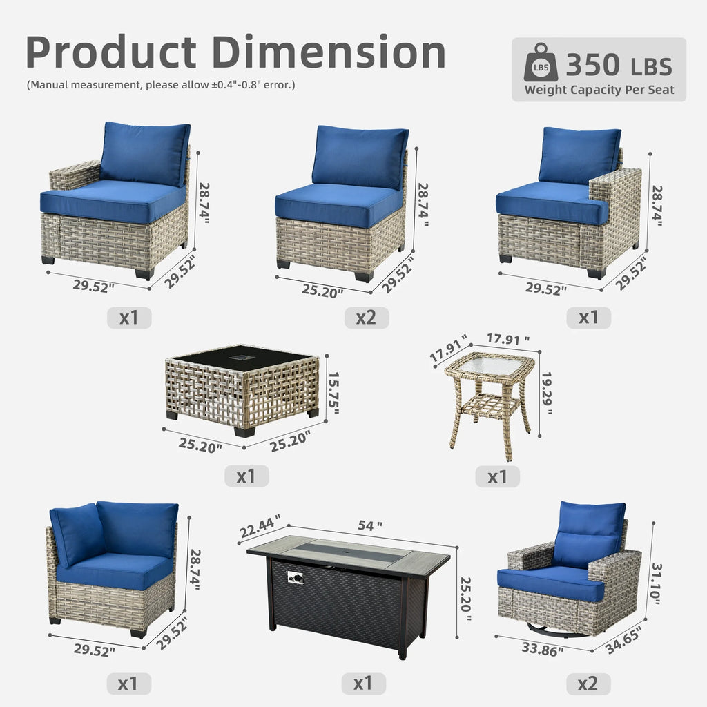 Ovios 10 Pieces Outdoor Patio Furniture Modern High-Back All-Weather Wicker Sectional Conversation Set with Propane Fire Pit Table & Swivel Chair, Dark Gray