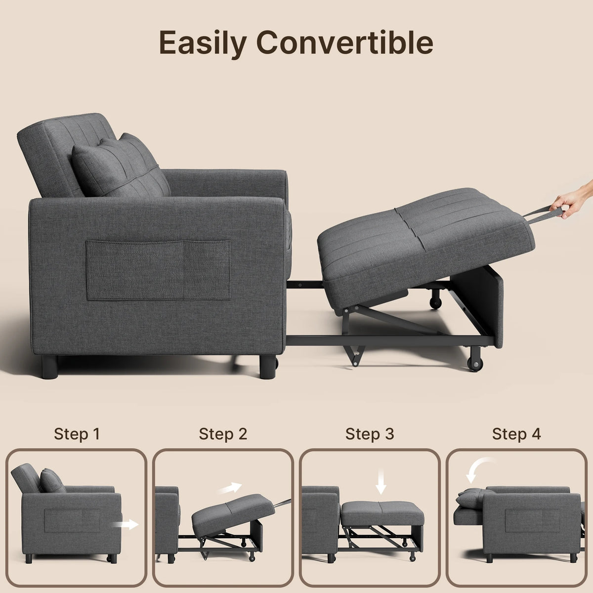 Sofa Bed, Lofka 3-in-1 Convertible Sleeper Sofa with Storage, Adjustable Backrest & Pull Out Function - Sleeper Chair for Small Space, Apartment, Dark Grey
