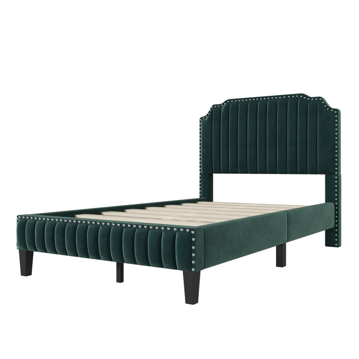 Green Upholstered Platform Bed, Full Size Bed Frame with Solid Wooden Slat Support and Curved Upholstered Wingback Headboard, Heavy Duty Full Bed Mattress Foundation, No Box Spring Required