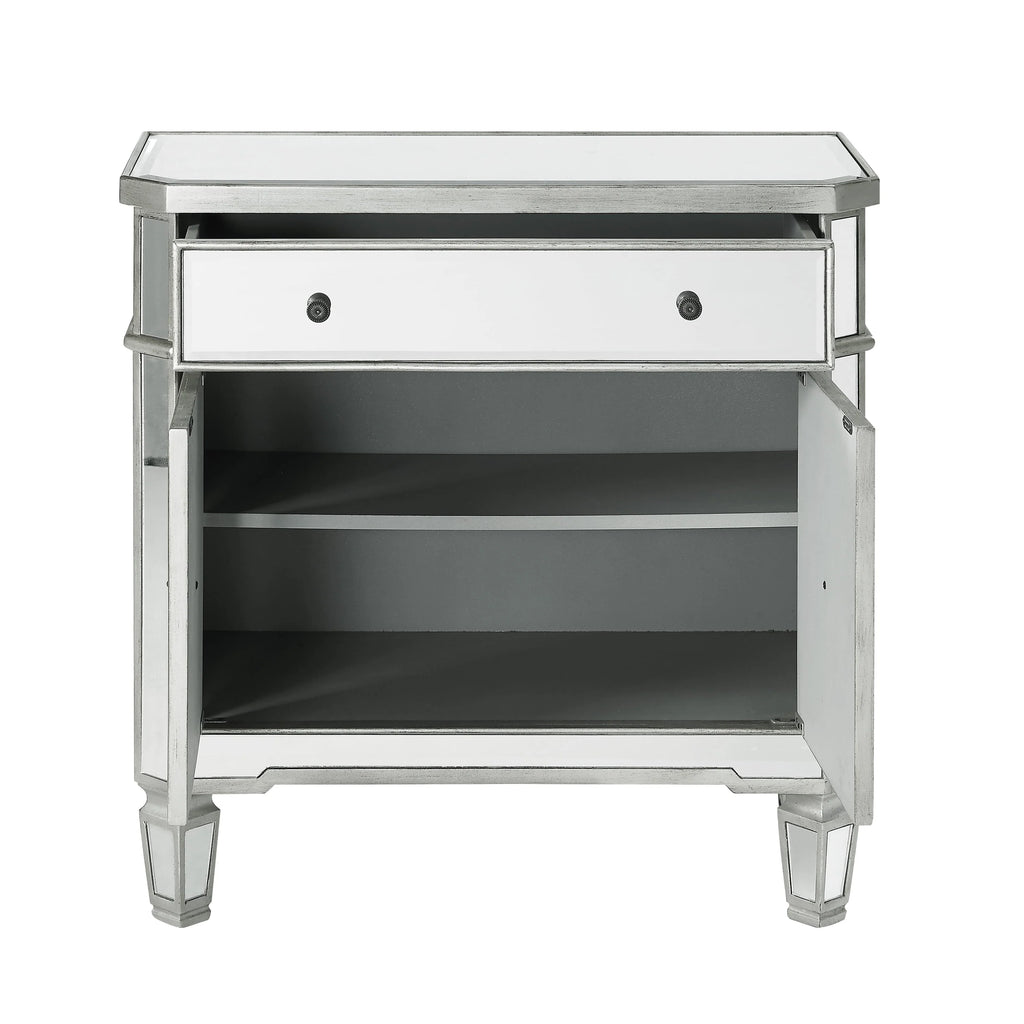 Powell Deville 2-Door Single Drawer Indoor Console Table with Shelves, Mirrored Surfaces and Luxe Silver Wood