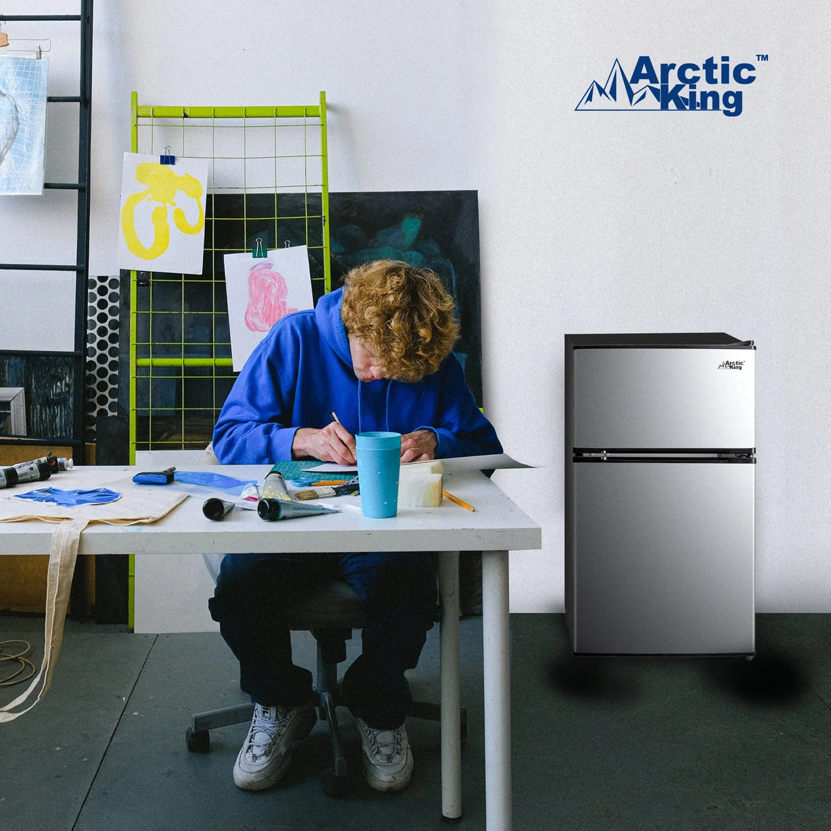 Arctic King 3.2 Cu ft Two Door Mini Fridge with Freezer, Stainless Steel, E-Star, ARM32D5ASL