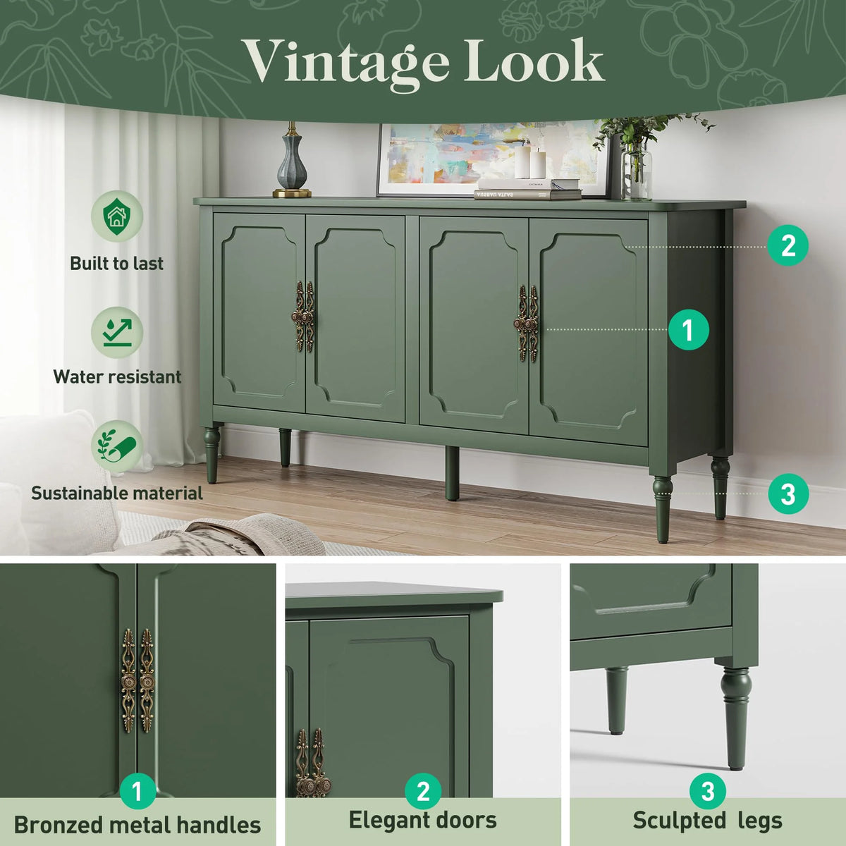 CozyHome Mid Century Modern Sideboard Buffet Cabinet with Storage, 58'' Console Cabinet, Green