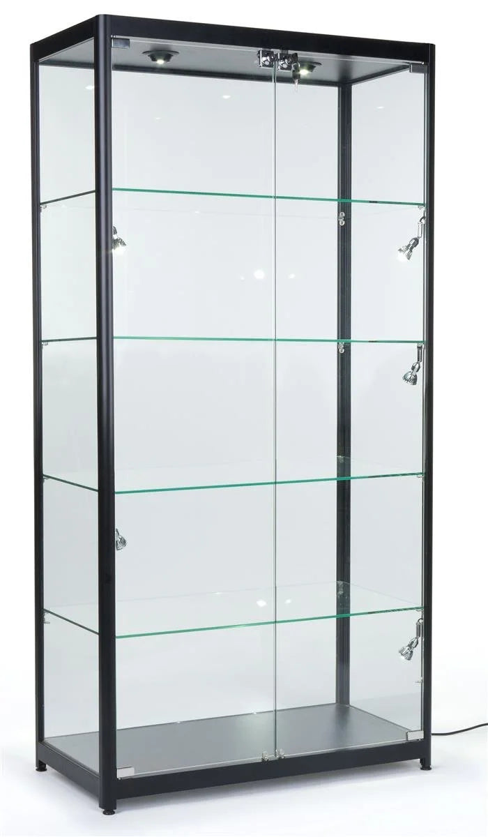 Displays2go Black LED Trophy Showcase, Locking, LED Lighting, Tempered Glass, Laminated MDF & Aluminum �C Black (LESC10478B)