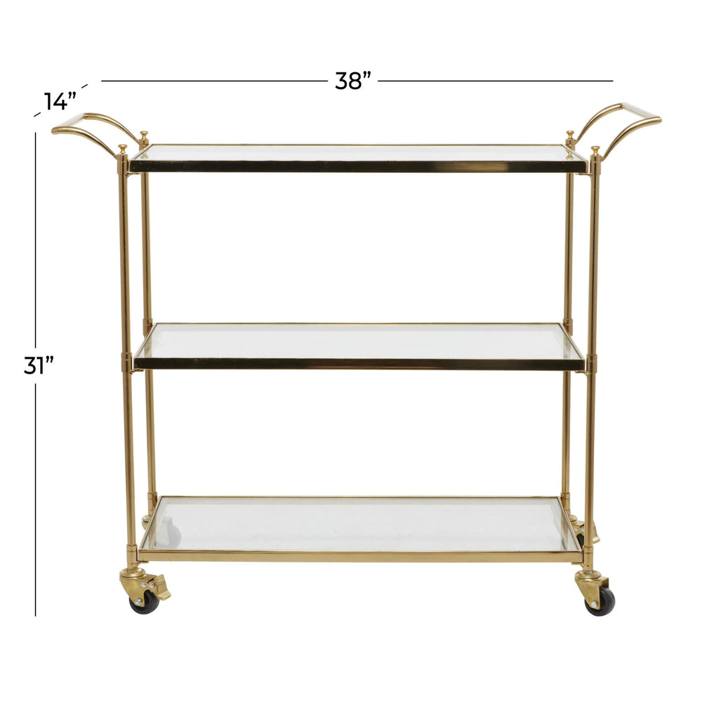 DecMode Traditional 3 Tier Gold Metal Bar Cart with Transparent Glass Shelves, 38"W x 31"H
