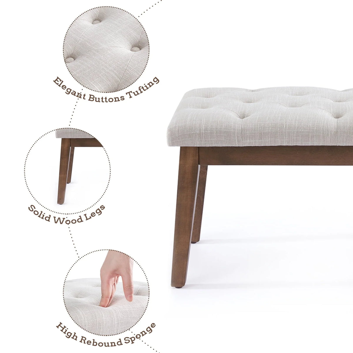 HUIMO Button-Tufted Bench for End of Bed, Entryway Bench with Upholstered Linen Fabric, Ottoman Bench for Living Room,Dining Bench for Kitchen(Beige)