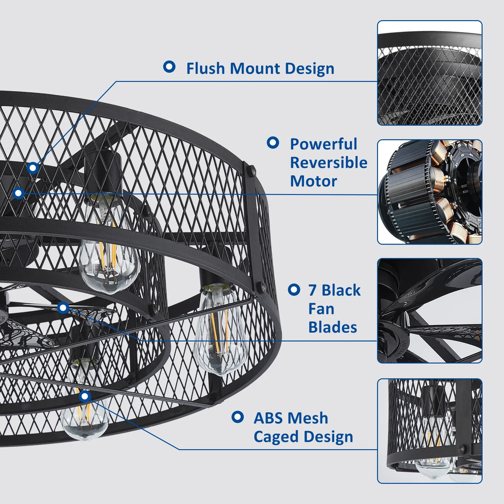 26-Inch Farmhouse Caged Ceiling Fan with Light, Remote & APP Control Quiet DC Motor E26 Bulbs Included Black