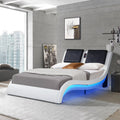 OYang King Size Platform Bed Frame wth LED Light And USB Charging Ports Headboard, Wave-Like Curve Backrest Vibration Massage Upholstered Faux Leather Bed for Home