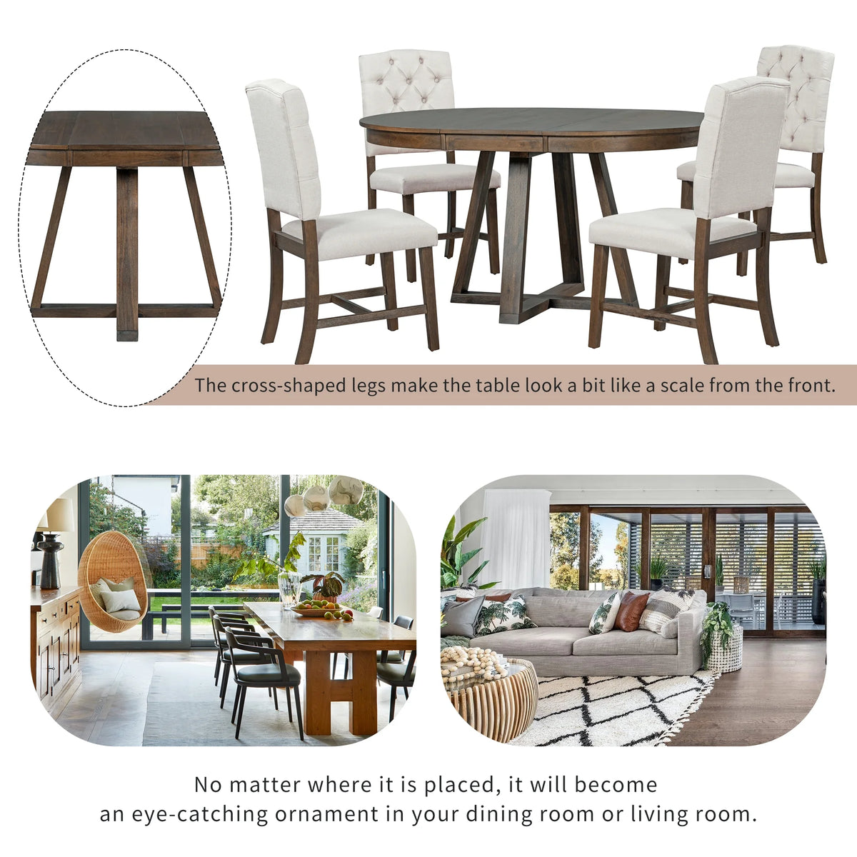 Harper & Bright Designs Round Extendable Dining Table Set for 4, 5 Piece Farmhouse Wood Dining Table Set with 4 Upholstered Dining Chairs, Natural Wood Wash