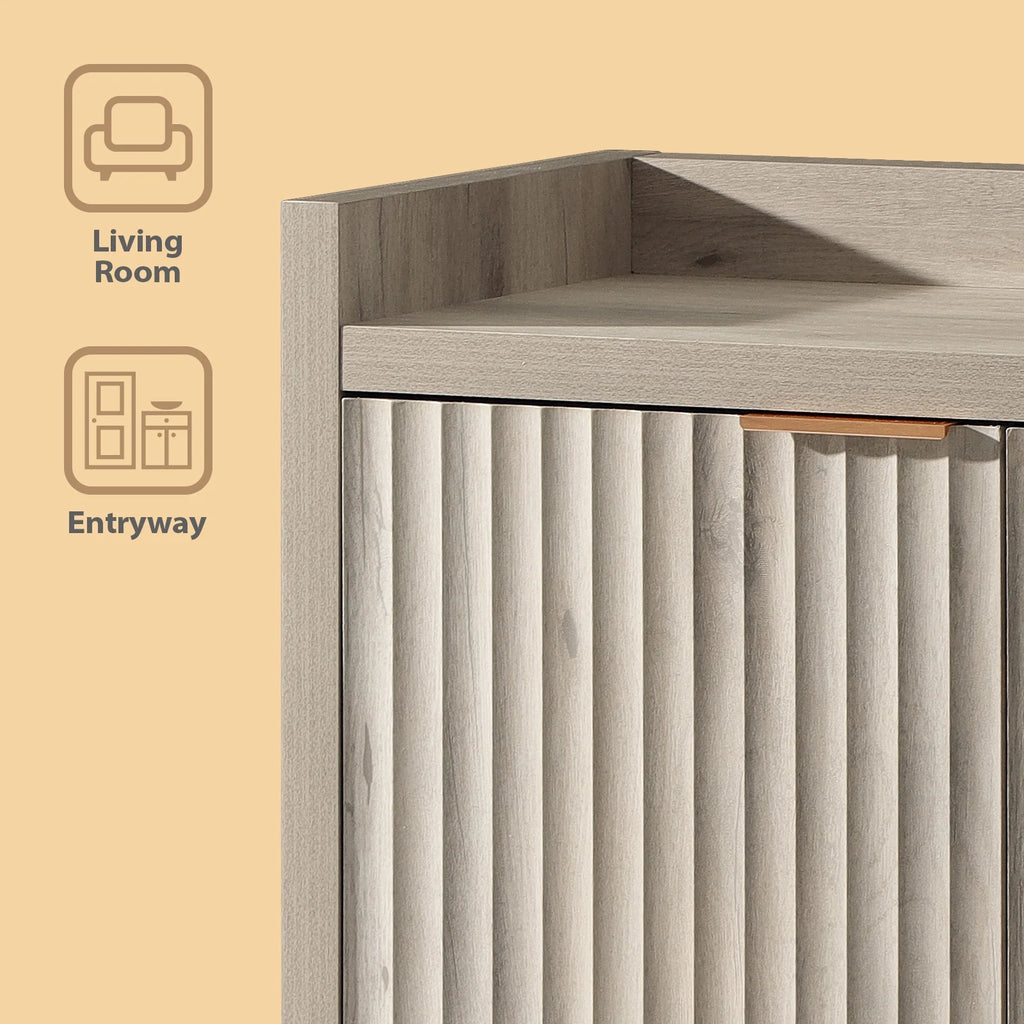 ARKANTOS Fluted Shoe Cabinet 3 Level Adjustable Shelf and 2 Doors Light Gray Oak