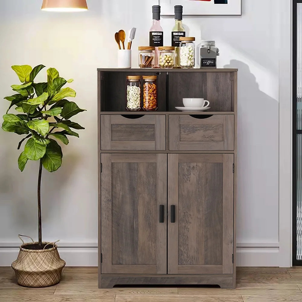 FANGSUM Rattan Storage Cabinet with 2 Drawers & 2 Shelves, Floor Cabinet for Living Room