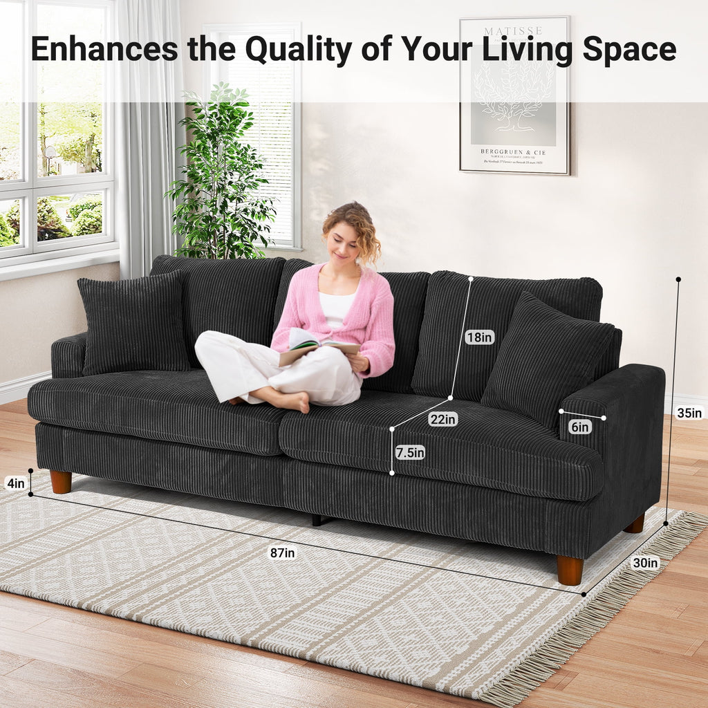 87" Corduroy Sofa,3 Seater Sofa with Extra Deep Seats,Neche Comfy Upholstered Couch for Living Room,2 Pillows,Green