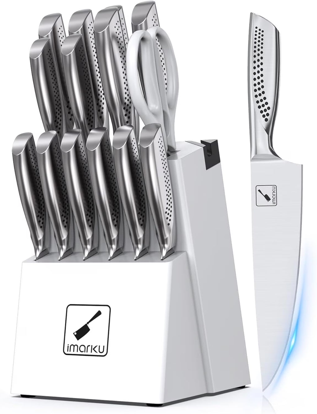 imarku Japanese HC Stainless Steel 15 Piece Kitchen Knife Set, Built in Sharpener, Sharp Knife Set with Point like Ergonomic Handle, Holiday Gift, Home Chef Knife, White