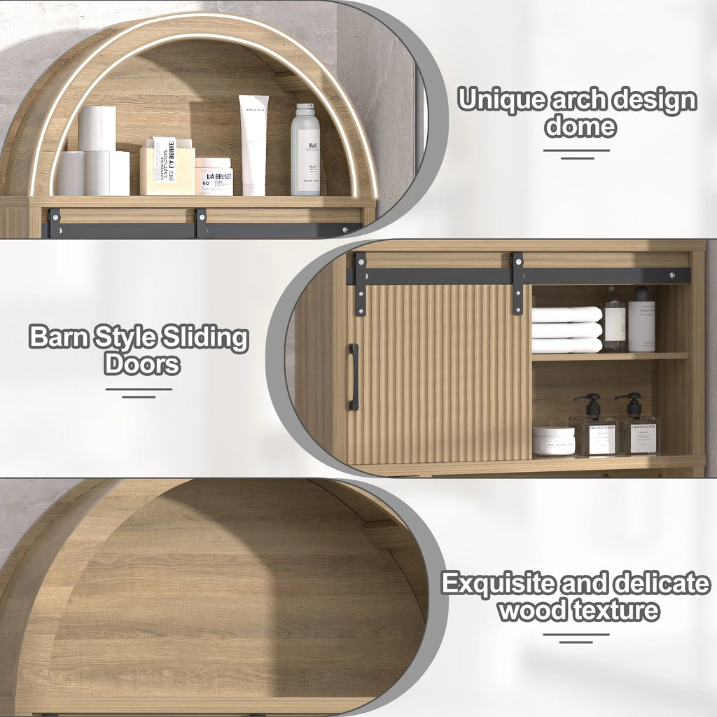 HARIPUL Over The Toilet Storage Cabinet w/ Unique Wood Grain & Arc Design, Freestanding Bathroom Shelf Organizer Space Saver w/ Doors & Anti-Tip Device, Wood Color