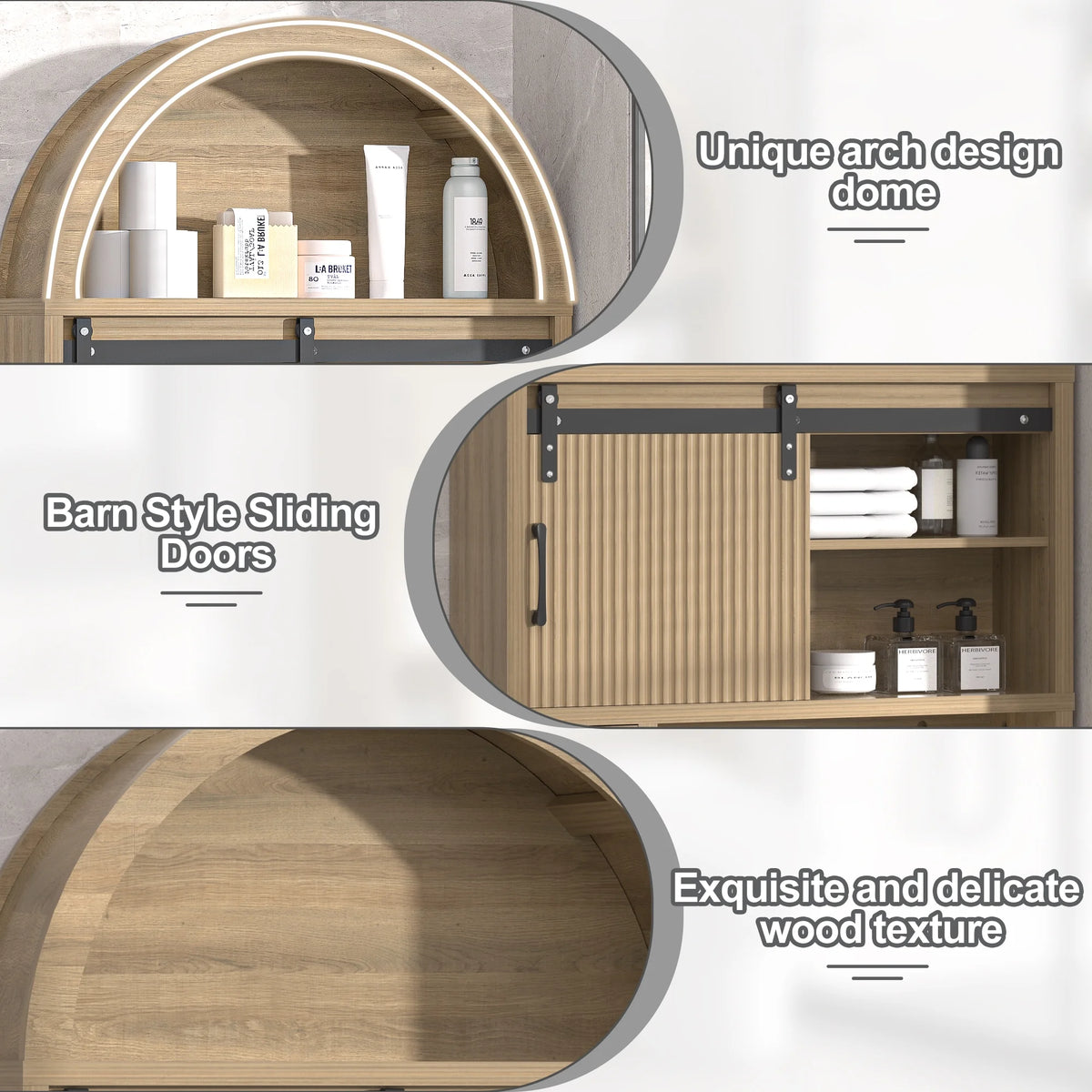 HARIPUL Over The Toilet Storage Cabinet w/ Unique Wood Grain & Arc Design, Freestanding Bathroom Shelf Organizer Space Saver w/ Doors & Anti-Tip Device, Wood Color