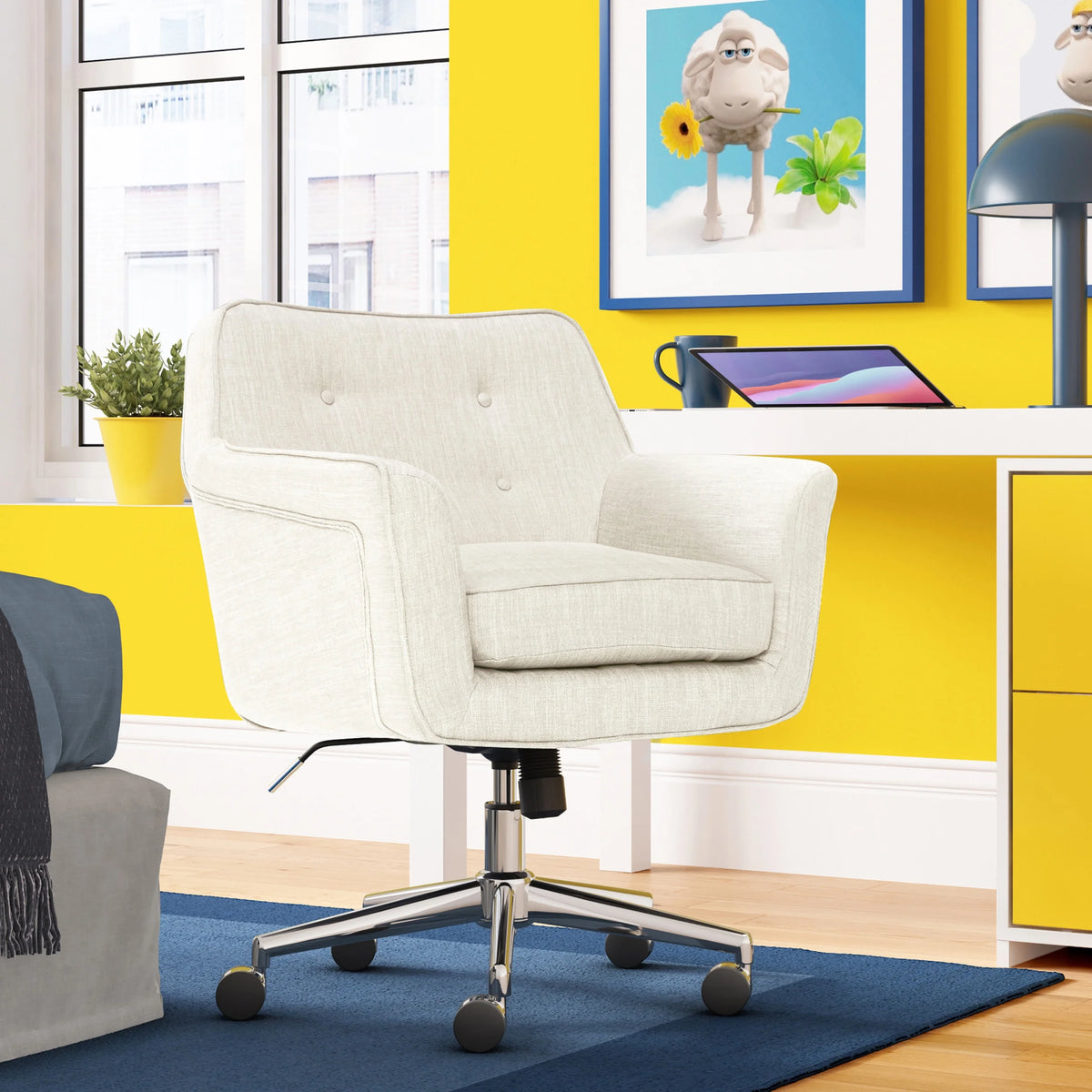 Serta Ashland Office Desk Chair, Button Tufted Mid-Back, Memory Foam Cushion, Chrome Swivel Base, Ivory