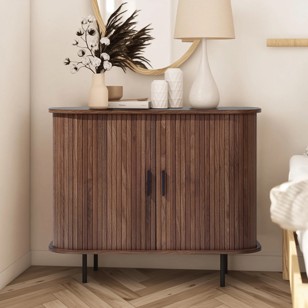 LuxenHome 35" Mid Century Modern Accent Cabinet, Small Buffet Cabinet with Sliding Door, Oak
