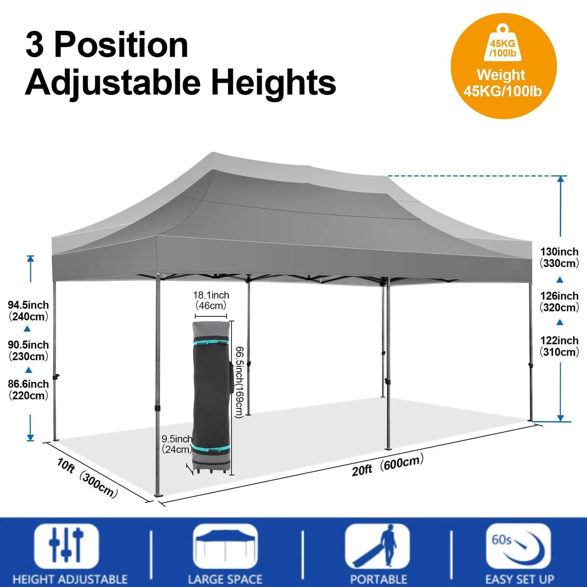 COBIZI 10x20 Heavy Duty Pop up Canopy Tent with 6 sidewalls Easy Up Commercial Outdoor Canopy Wedding Party Tent for Beach All Season Wind & Waterproof Gazebo with Roller Bag,Black(Frame Thickened)