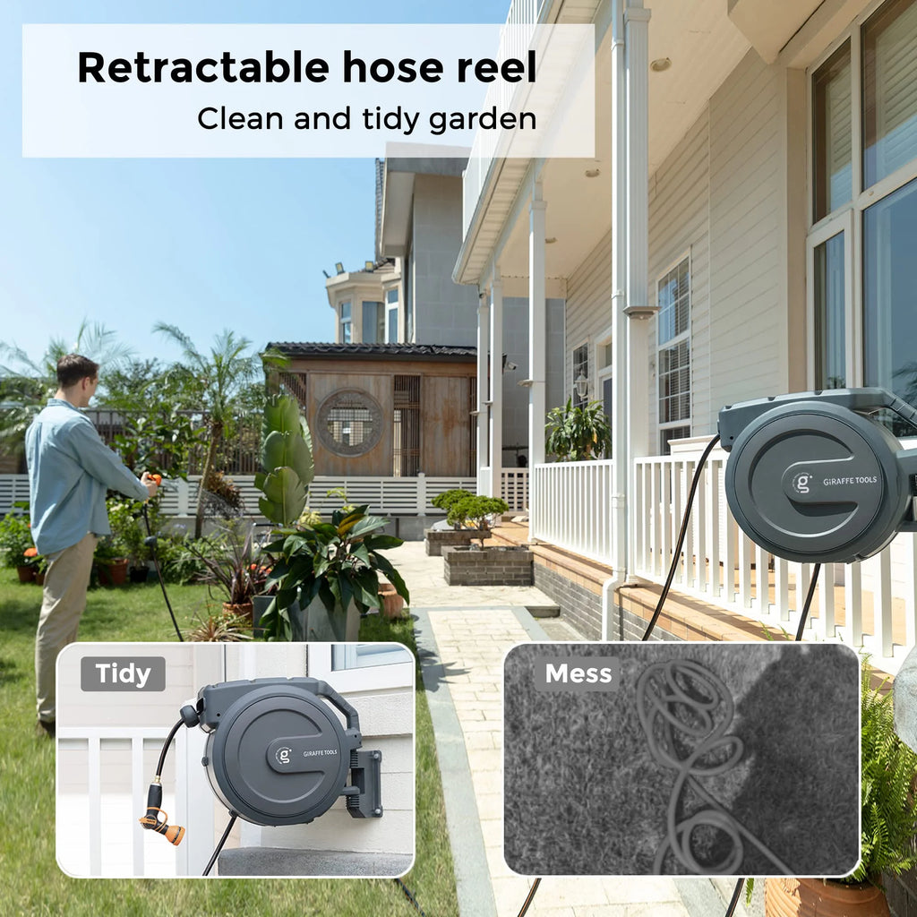 Giraffe Tools Retractable Garden Hose Reel with 1/2in-100ft Water Hose, Plastic Bracket, Wall Mounted, Dark Grey